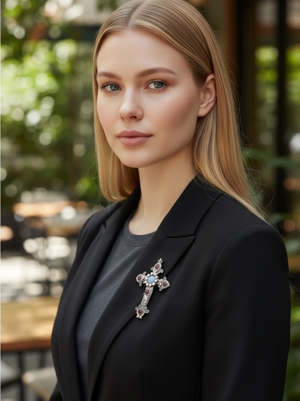 Ornate Cross Brooch Pin in Black with Silver & Pink Accents